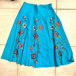 CAROLE LITTLE Vintage Linen heavily floral embroidered Boho midi skirt size 4